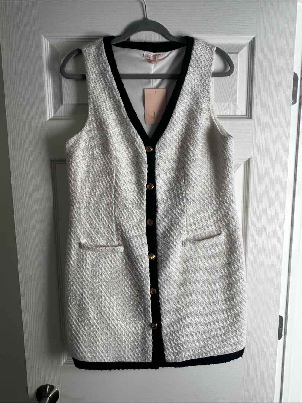 White Textured Sleeveless Button Front Dress with Black Trim